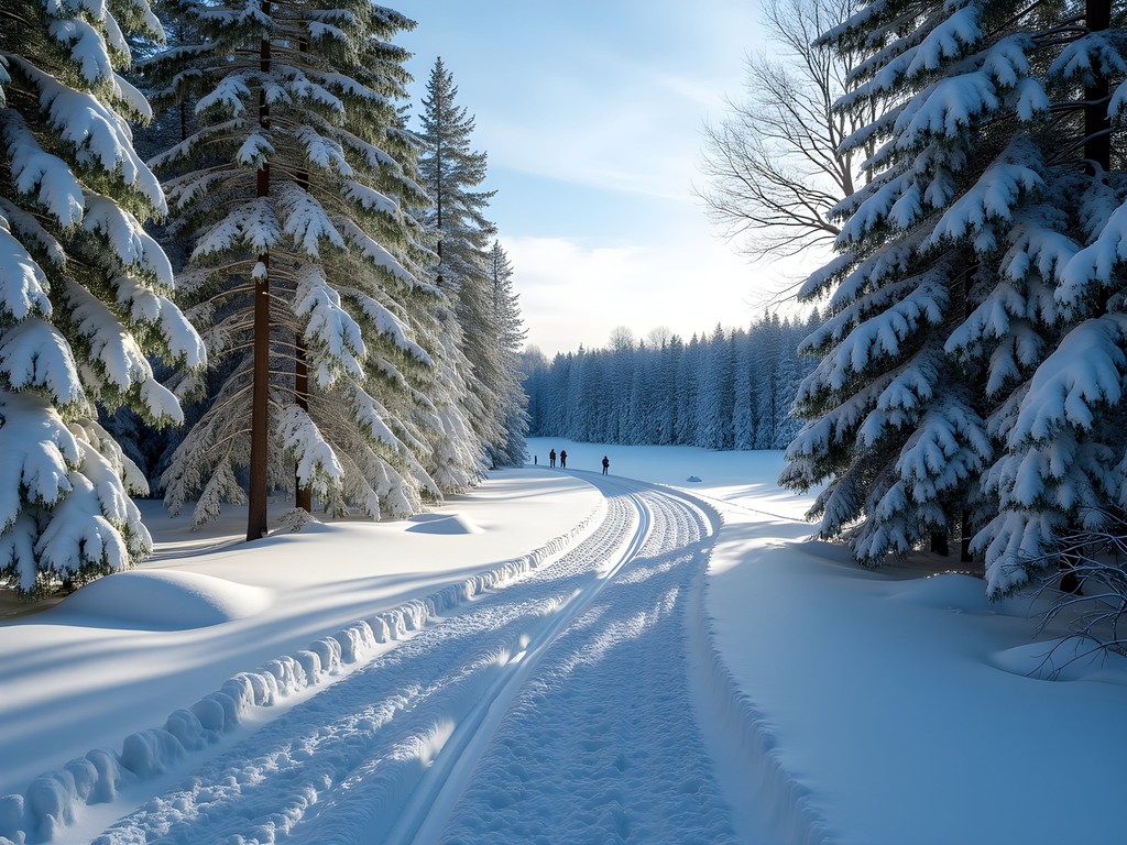 Cross-country skiing through snow-covered trails at Quarry Park in winter
