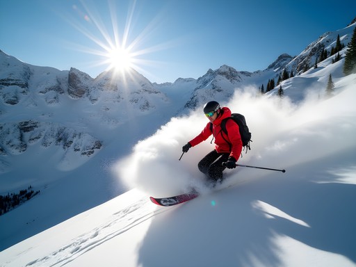 Backcountry skier descending through deep powder snow in Little Cottonwood Canyon with mountain peaks in background