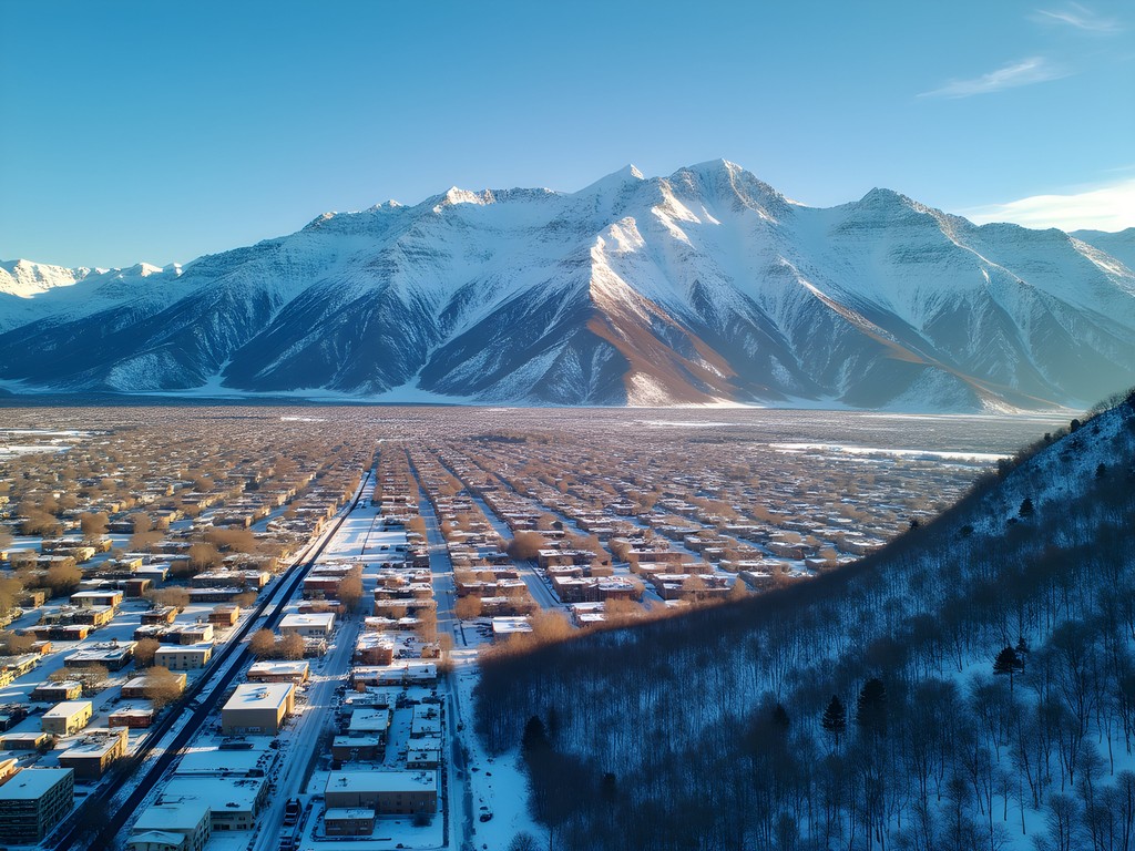 Aerial view of Salt Lake City grid system with snow-covered Wasatch Mountains rising directly behind urban development