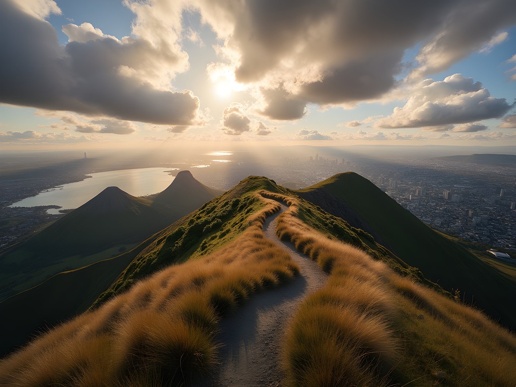 Panoramic view of Auckland harbor and skyline from volcanic summit with hiking path visible