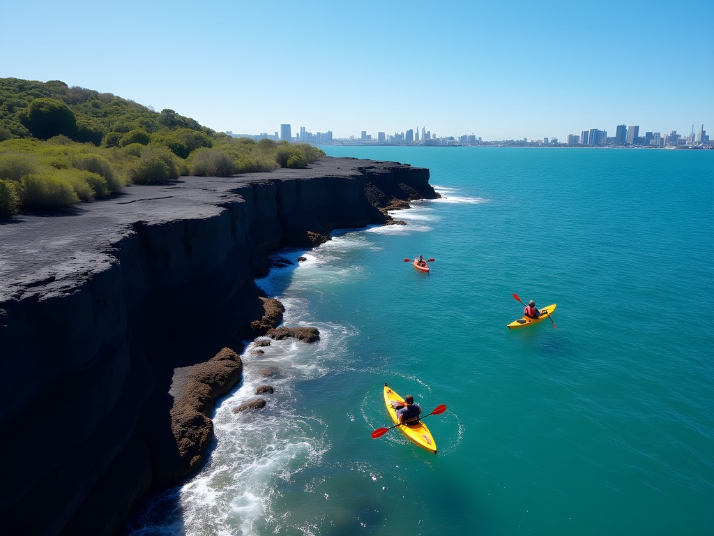 Sea kayaking near volcanic coastline of Rangitoto Island with Auckland skyline in distance