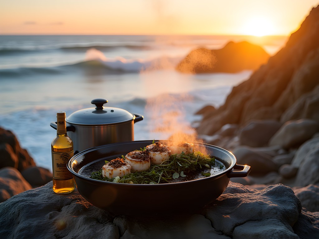 Beach cooking session with foraged ingredients along rocky California coastline