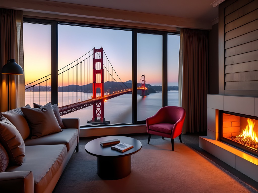 Luxury accommodation with panoramic view of Golden Gate Bridge at sunset