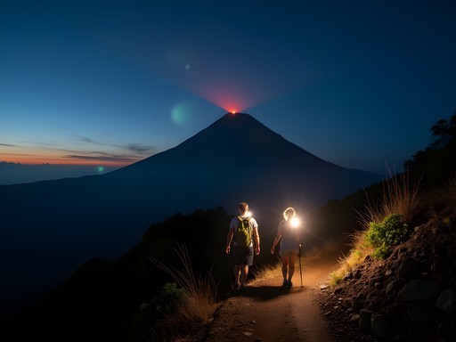 Night hiking on Arenal Volcano with headlamps and distant red glow