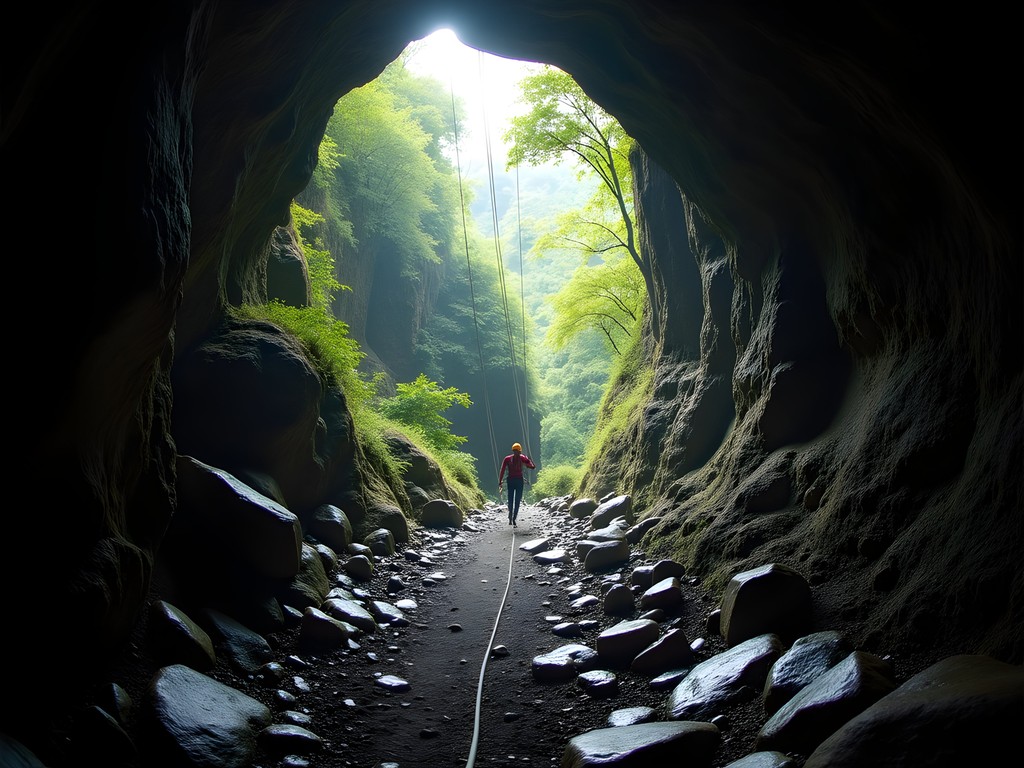 Rope descent into Terciopelo Cave in Barra Honda National Park, Costa Rica