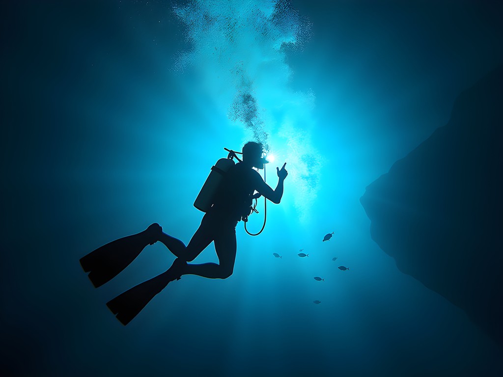 Diver surrounded by blue bioluminescent plankton during night dive off Isla Tortuga