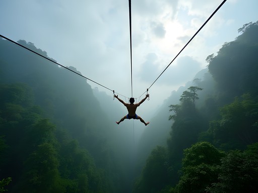 Person ziplining in Superman position over Monteverde Cloud Forest canopy
