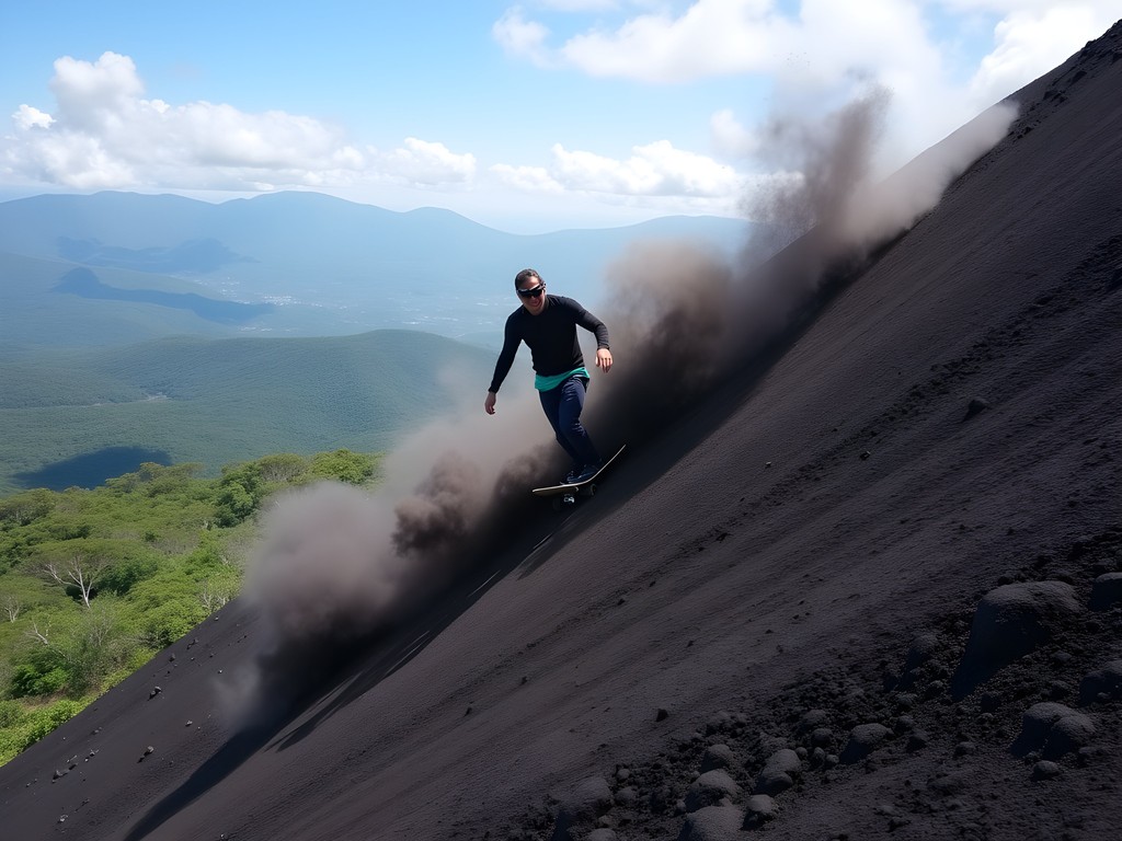 Adventure traveler volcano boarding down the ash slopes of Rincón de la Vieja volcano