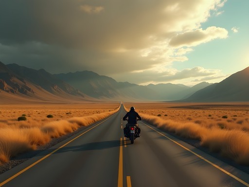 Motorcycle on empty highway with Andean foothills in background
