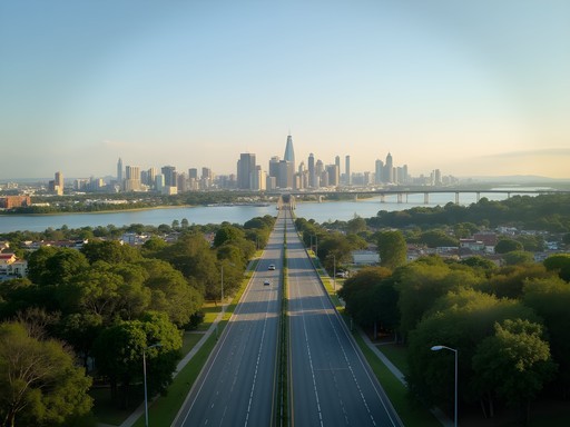 View of Ciudad del Este skyline with Paraná River and Friendship Bridge