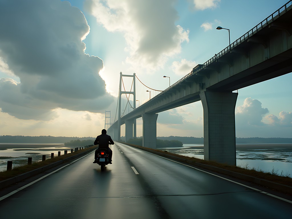 Motorcycle crossing bridge over the wide Paraná River with wetlands visible
