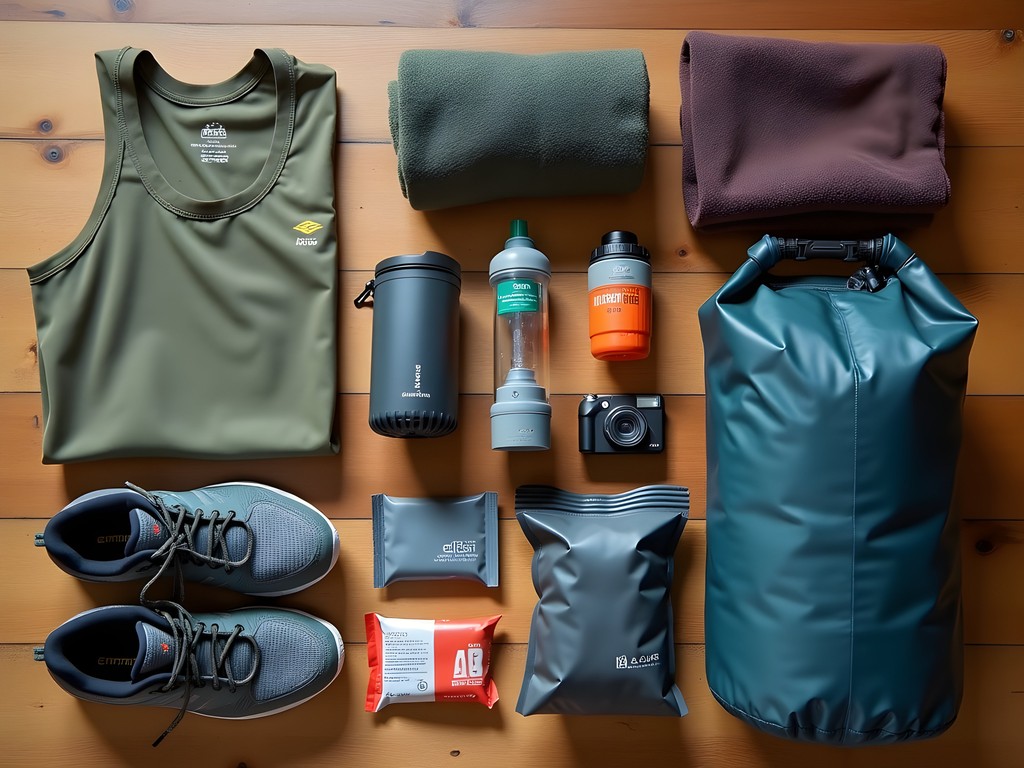 Essential gear layout for Ciudad Perdida trek including trail shoes, moisture-wicking clothing, and water filtration system