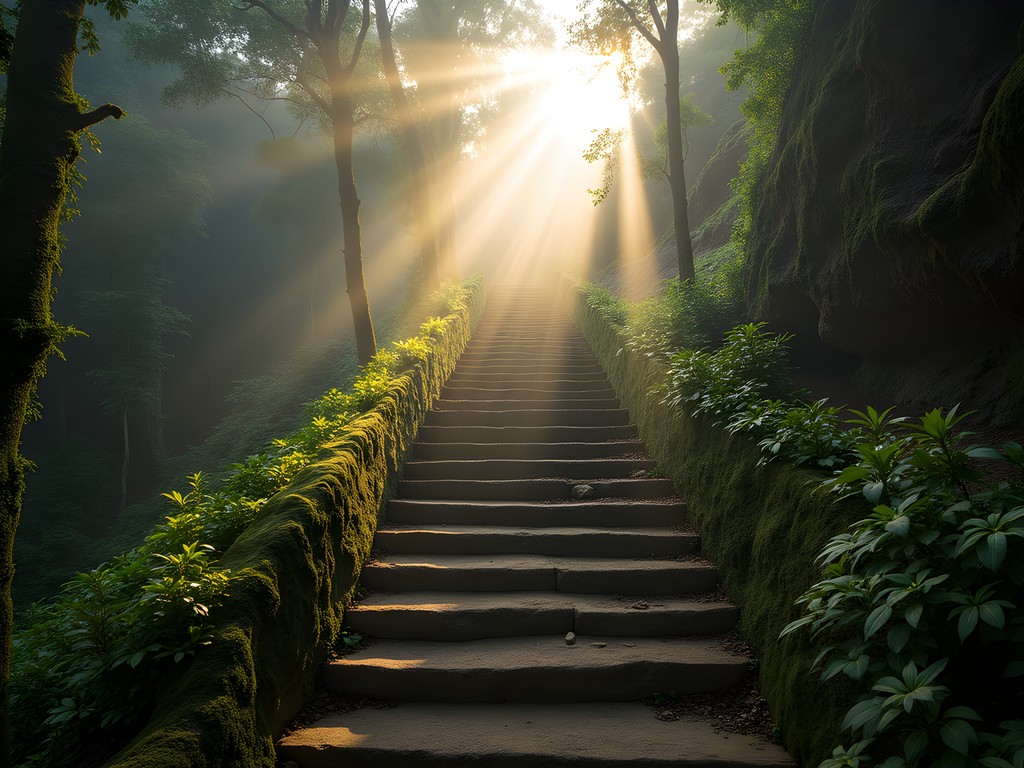 Ancient stone staircase leading to Ciudad Perdida at dawn with morning mist