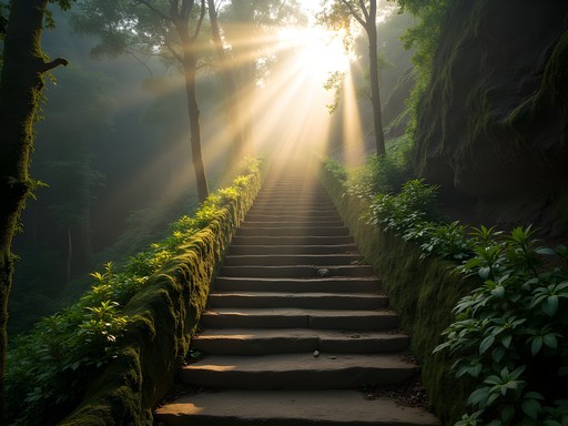 Ancient stone staircase leading to Ciudad Perdida at dawn with morning mist