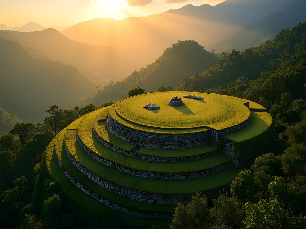 Sunrise illuminating the circular terraces of Ciudad Perdida archaeological site