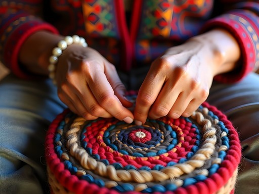 Close-up of indigenous woman's hands weaving traditional Colombian mochila bag
