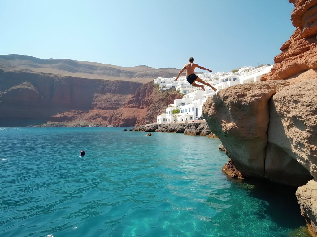 Cliff jumping spot at Amoudi Bay with crystal clear waters below Oia in Santorini