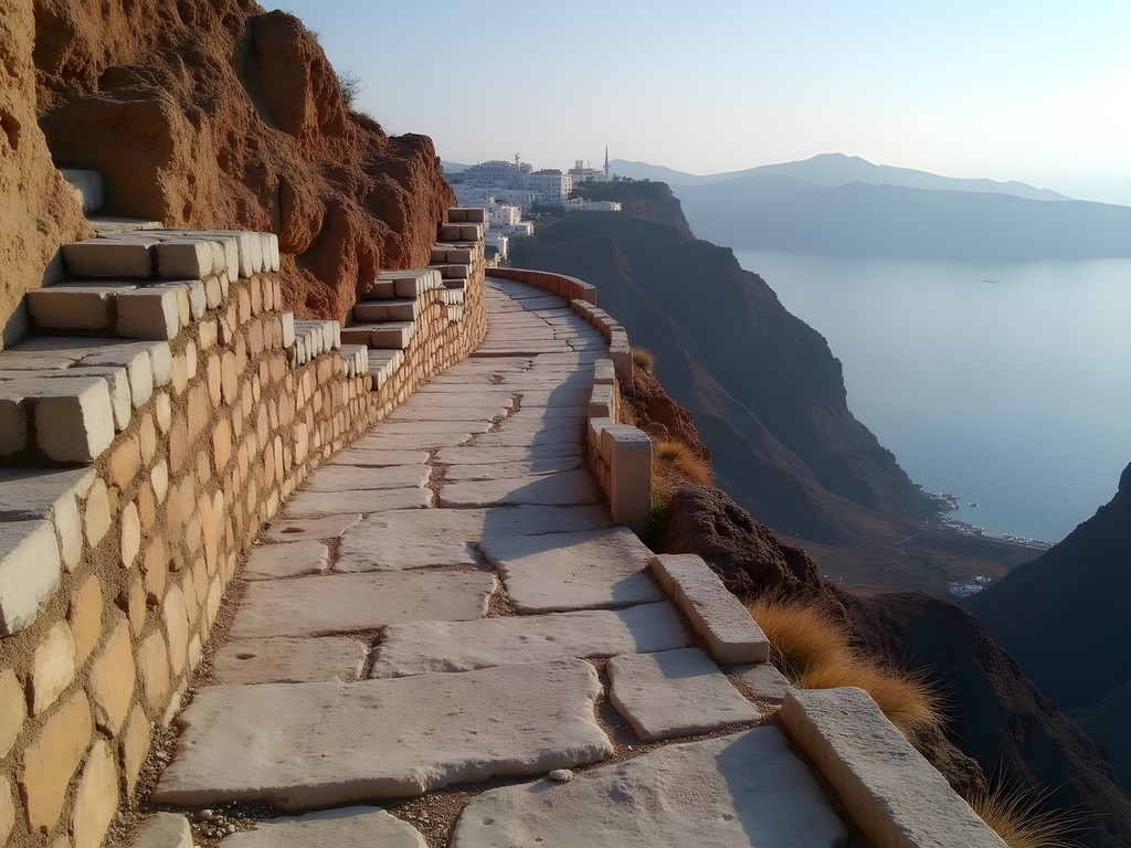 Ancient stone path leading to ruins of Ancient Thera with panoramic views of Santorini