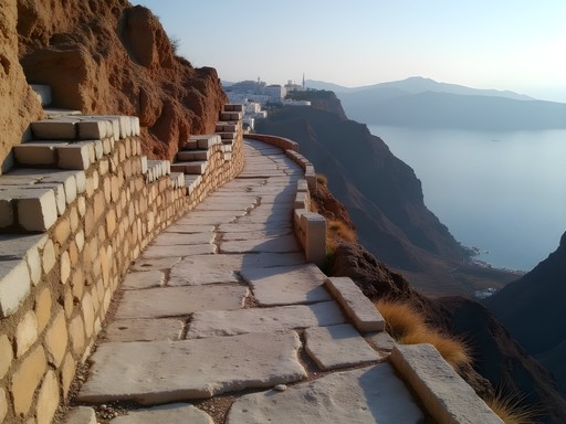 Ancient stone path leading to ruins of Ancient Thera with panoramic views of Santorini
