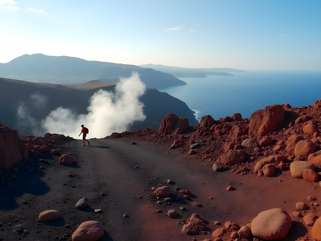 Person hiking across the lunar-like volcanic landscape of Nea Kameni in Santorini