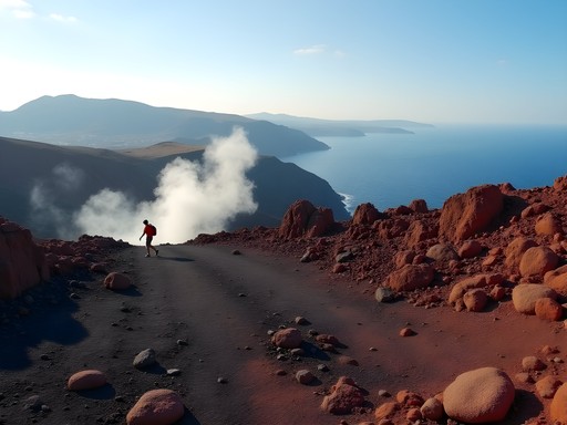 Person hiking across the lunar-like volcanic landscape of Nea Kameni in Santorini