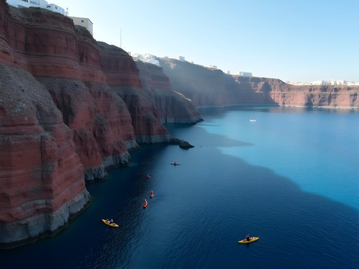 Sea kayakers paddling along the base of Santorini's towering volcanic cliffs
