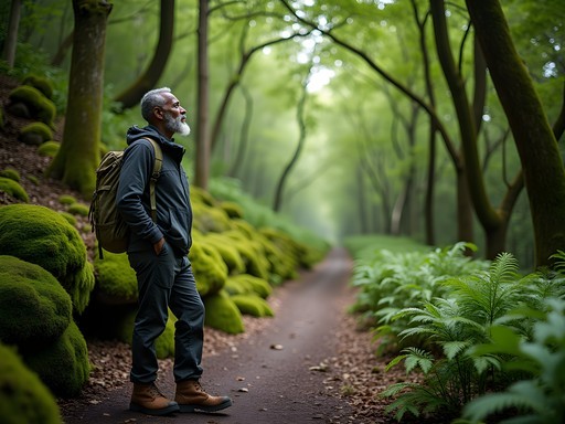 Preston Henry hiking on a forest trail in Cantareira State Park with sunlight filtering through dense canopy