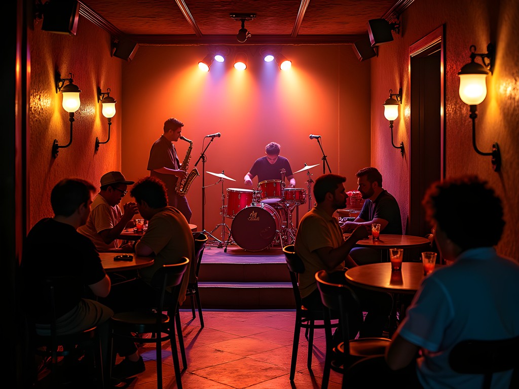 Atmospheric interior of São Paulo jazz club with live performance and intimate lighting