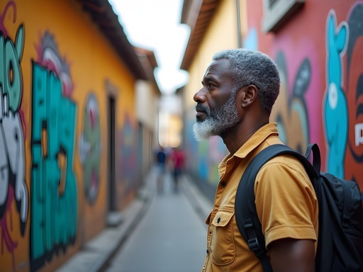 Preston Henry examining colorful street art murals in Beco do Batman during urban hike in São Paulo