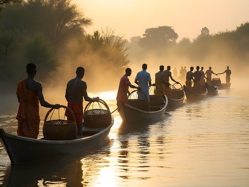 Traditional gura fishing technique on Chari River with local fishermen forming human chain