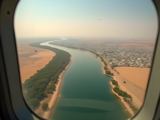 Aerial view of Sarh and the winding Chari River from small aircraft