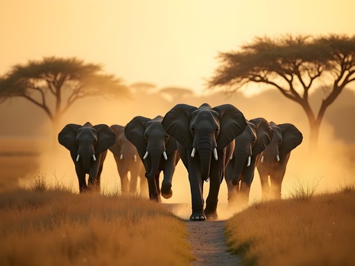 Elephant herd crossing savanna in Zakouma National Park with dramatic lighting