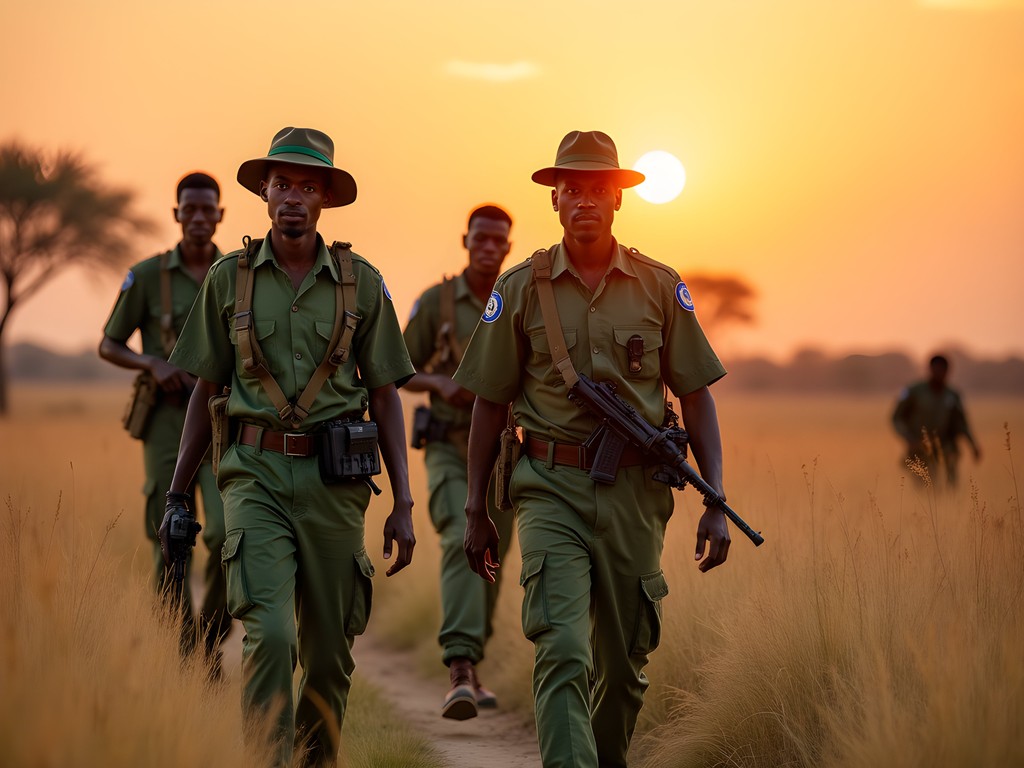Zakouma National Park rangers on anti-poaching patrol through savanna landscape