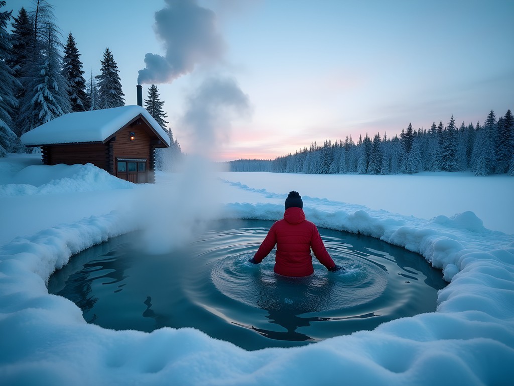 Man emerging from ice swimming hole after Finnish sauna experience in Savonlinna