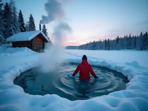 Man emerging from ice swimming hole after Finnish sauna experience in Savonlinna