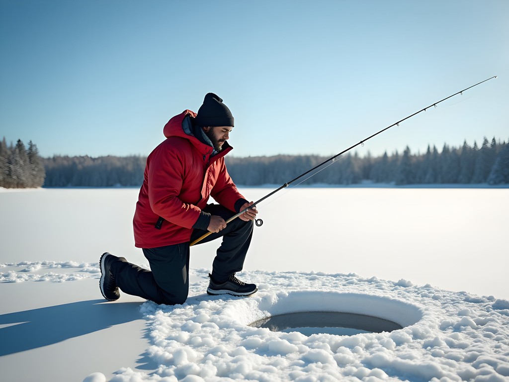 African American man ice fishing on frozen Lake Saimaa in Finland
