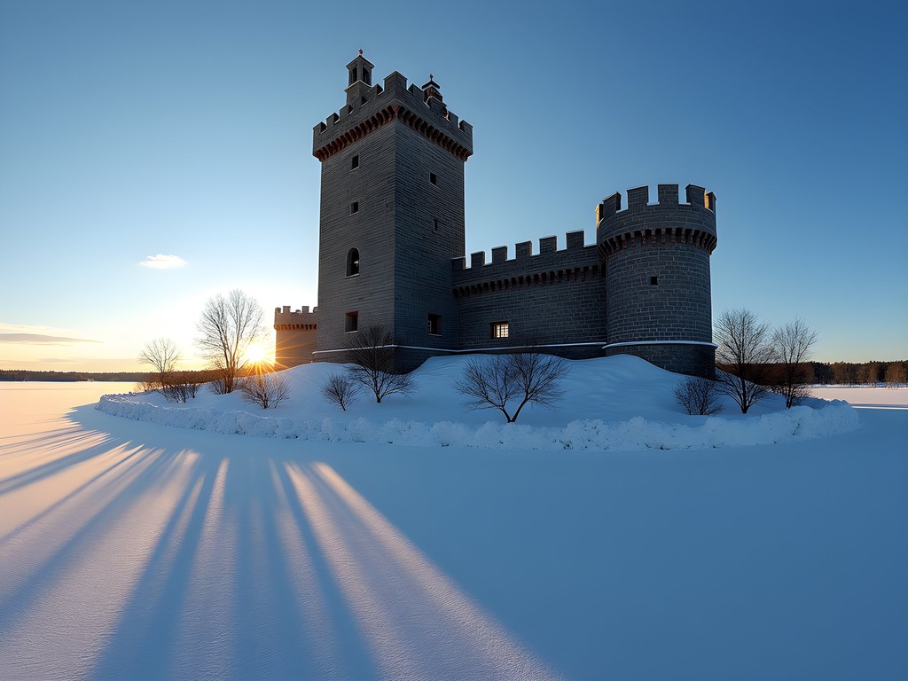 Snow-covered Olavinlinna Castle in Savonlinna surrounded by frozen lake