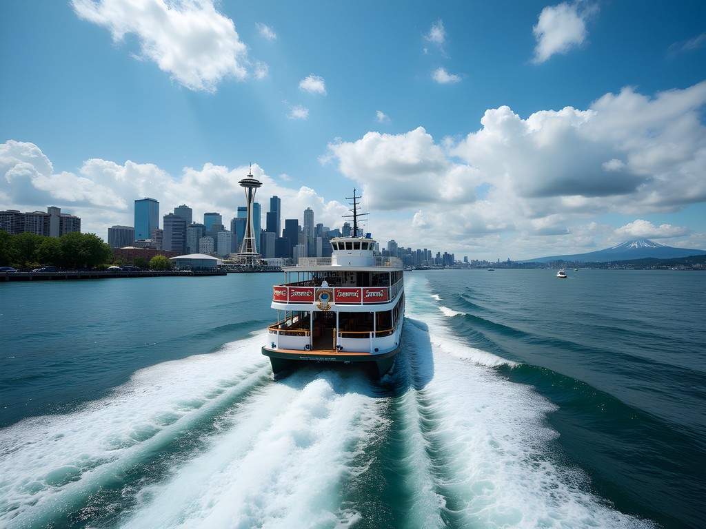 Ferry crossing from Seattle to Bainbridge Island with dramatic city skyline view and Mount Rainier in background