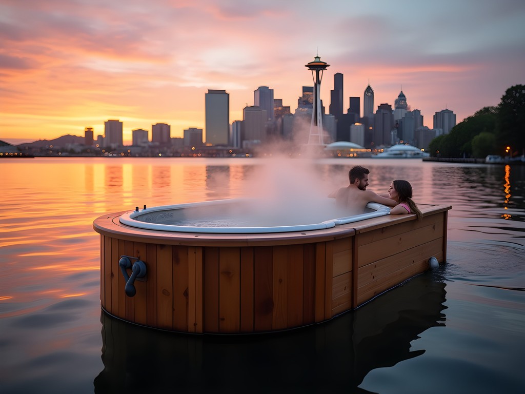Hot tub boat on Lake Union with Seattle skyline and Space Needle at sunset