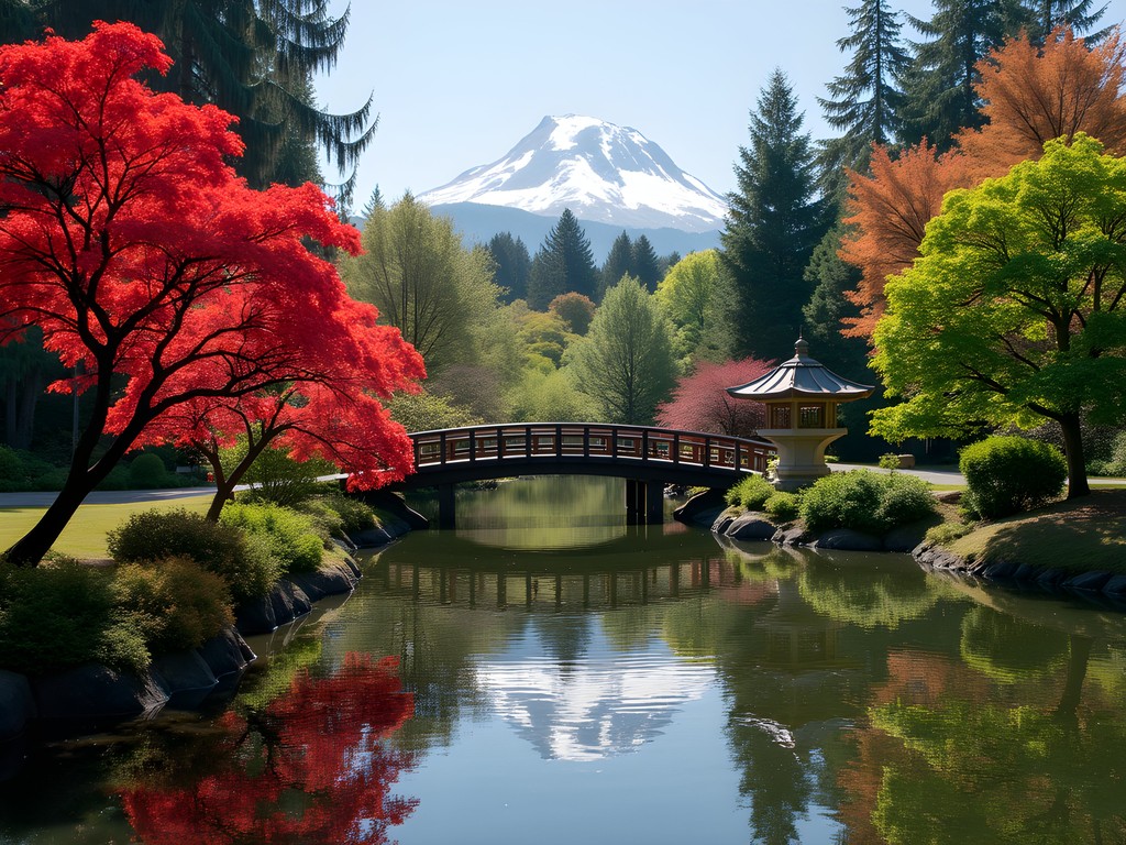 Reflective pond with Japanese maple trees and traditional stone lantern in Seattle's Japanese Garden