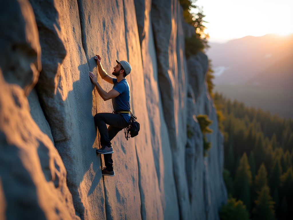 Rock climber ascending golden granite crack at Index Town Wall