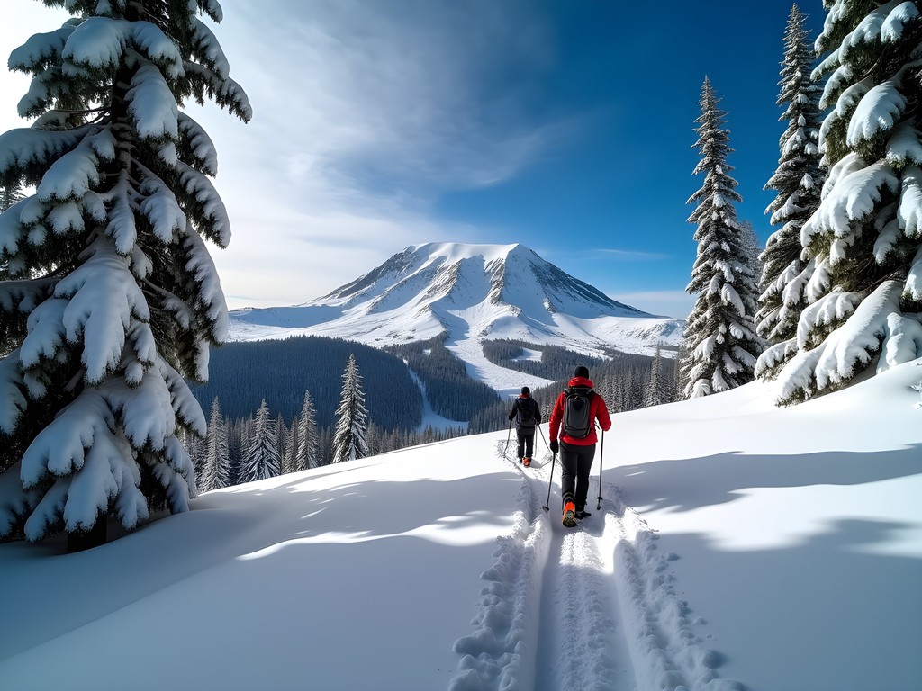 Snowshoers traversing snow-covered meadows with Mount Rainier towering above