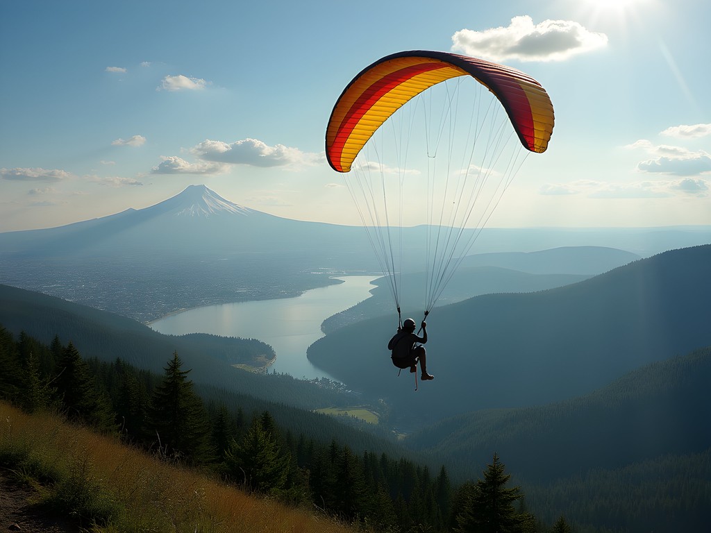 Paraglider soaring above Tiger Mountain with Seattle skyline and Mt. Rainier visible