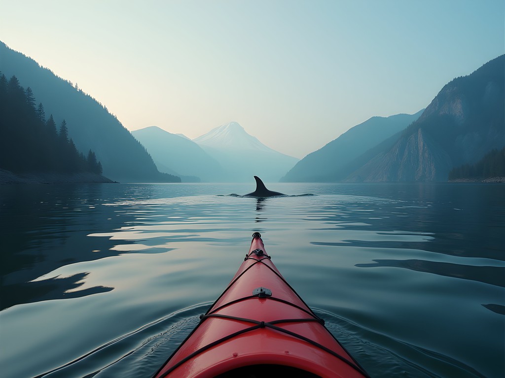 Sea kayaker watching orca whale fin in Puget Sound with mountain backdrop