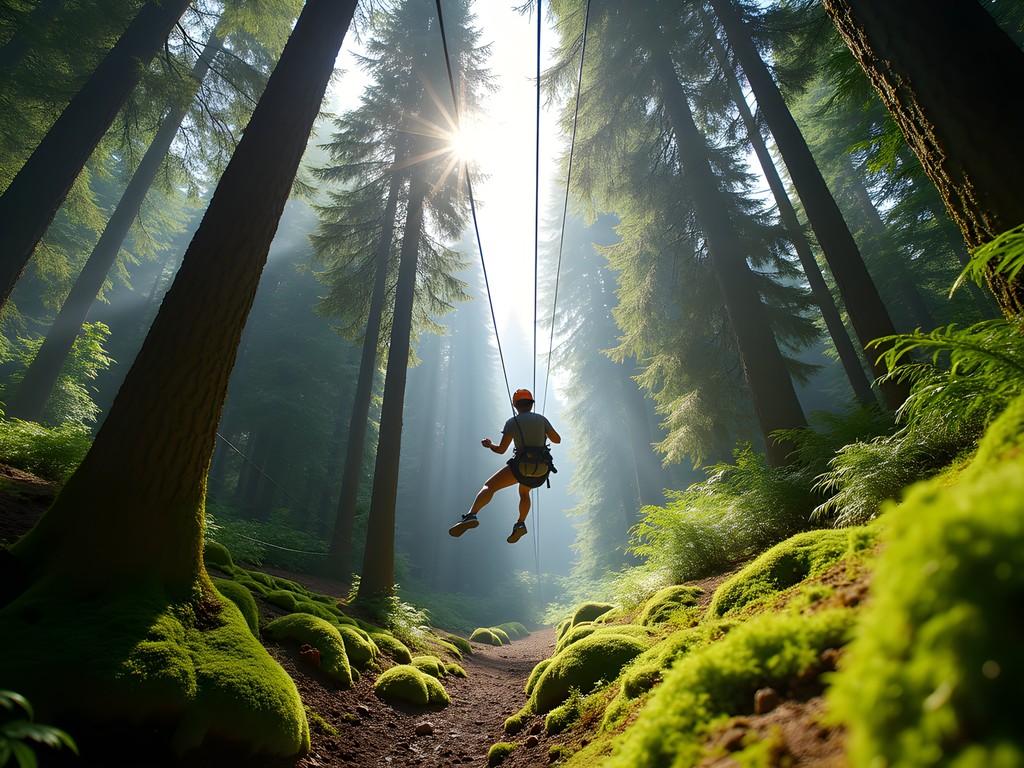 Person ziplining through lush evergreen forest canopy near Seattle