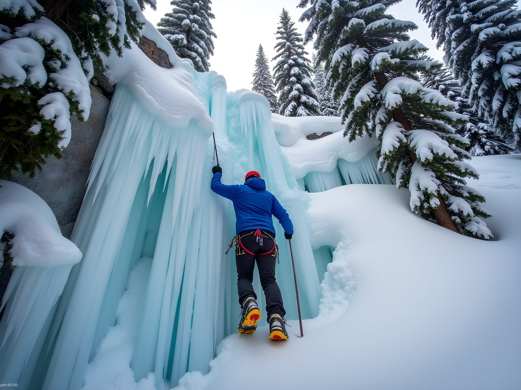 Ice climber ascending frozen waterfall at Snoqualmie Pass with snow-covered evergreens
