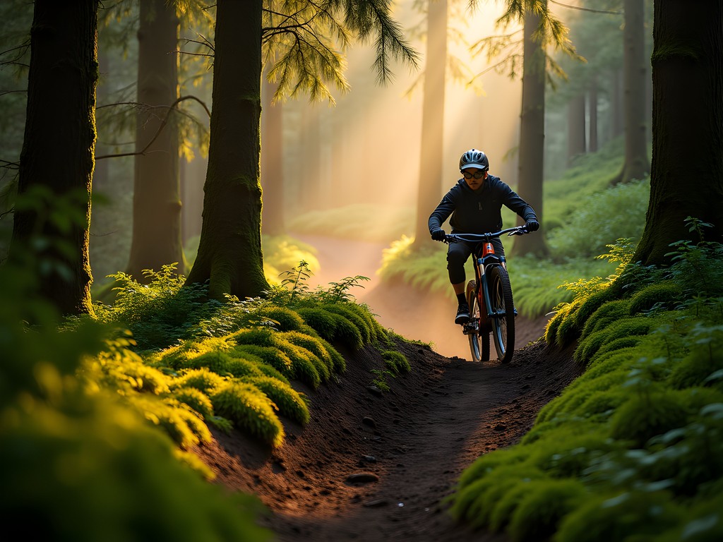 Mountain biker navigating bermed trail through moss-covered forest on Tiger Mountain