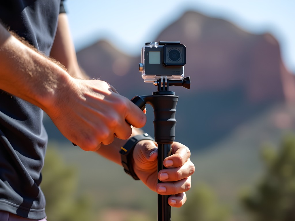 Testing DIY hiking camera equipment on red rocks in Sedona