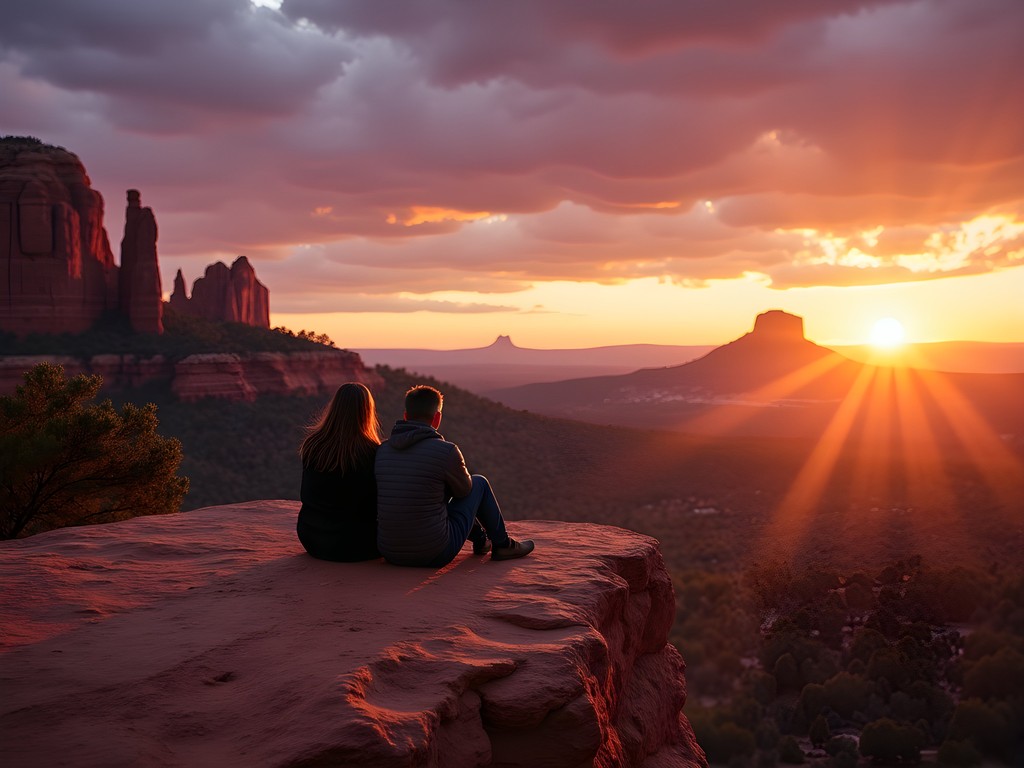 Couple enjoying sunset from Doe Mountain summit in Sedona