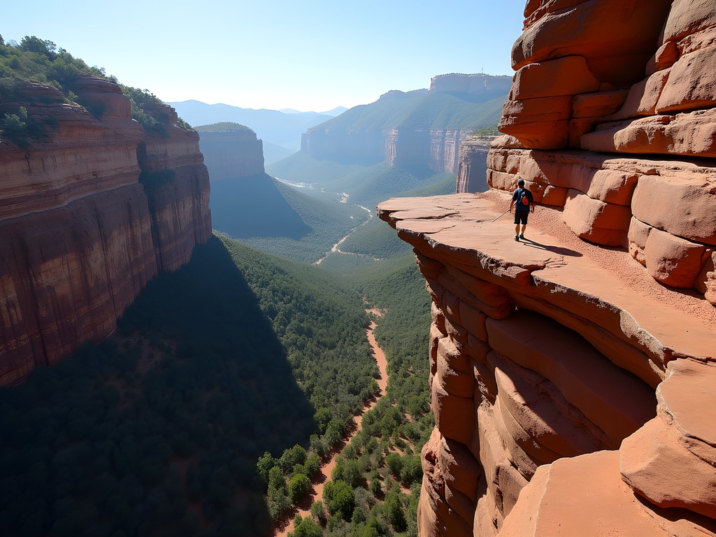 Hiker navigating exposed section of Hangover Trail in Sedona